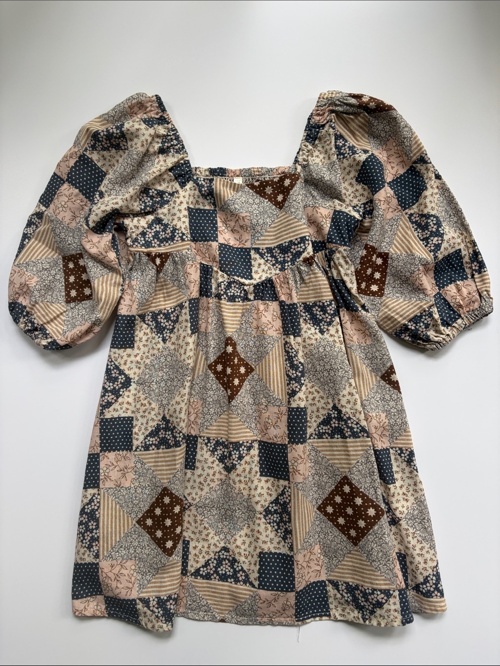 Patchwork Print Kids Dress with Puff Sleeves - Blue Beige Brown